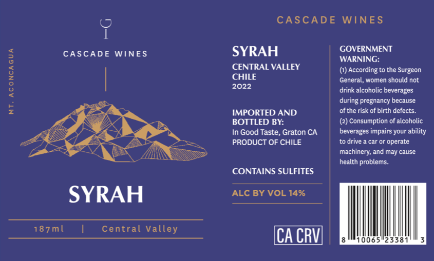 TABC label artwork for CASCADE WINES SYRAH CENTRAL VALLEY, CHILE