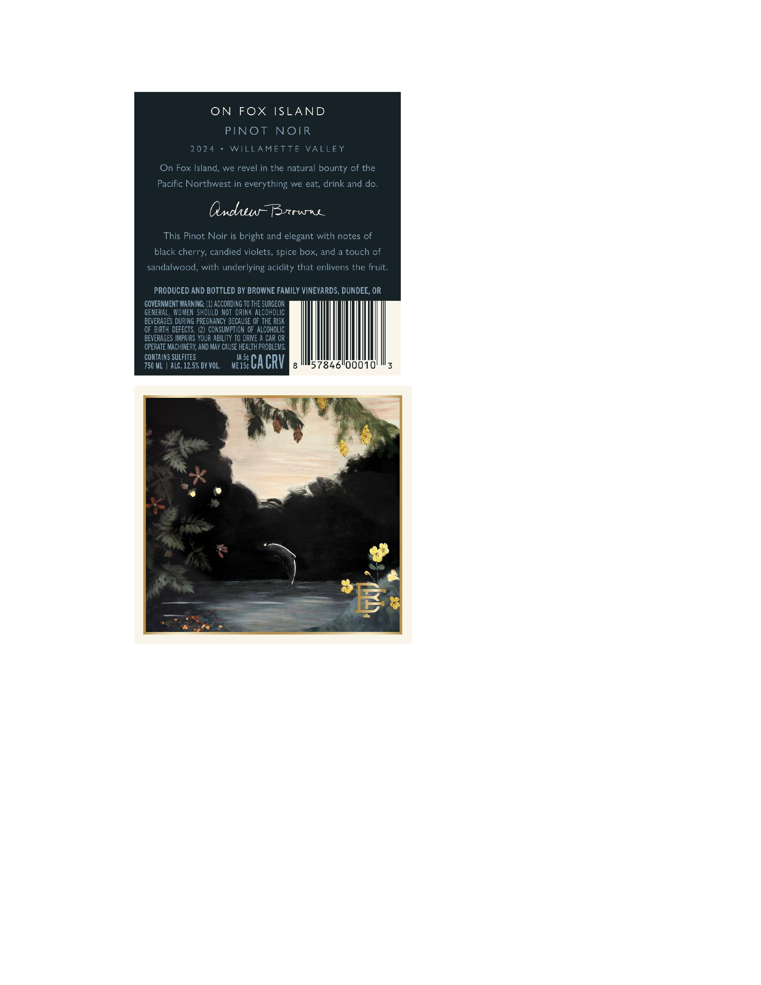 TABC label artwork for Browne Family Vineyards On Fox Island Pinot Noir