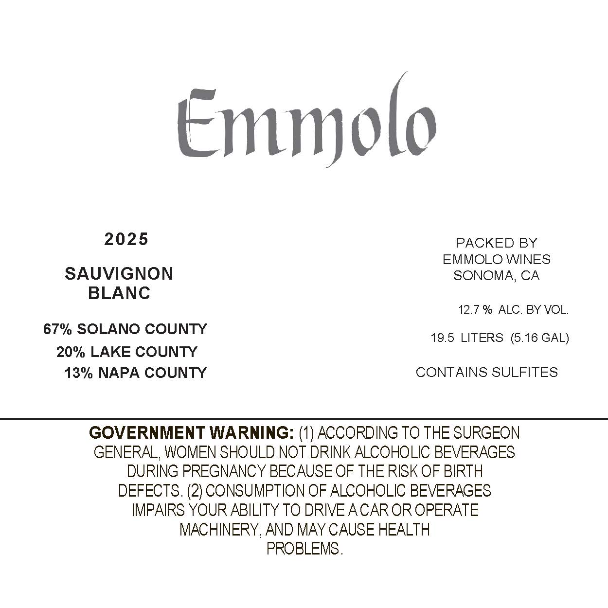 TABC label artwork for EMMOLO Sauvignon Blanc CA-Solano CA-Lake CA-Napa KEG