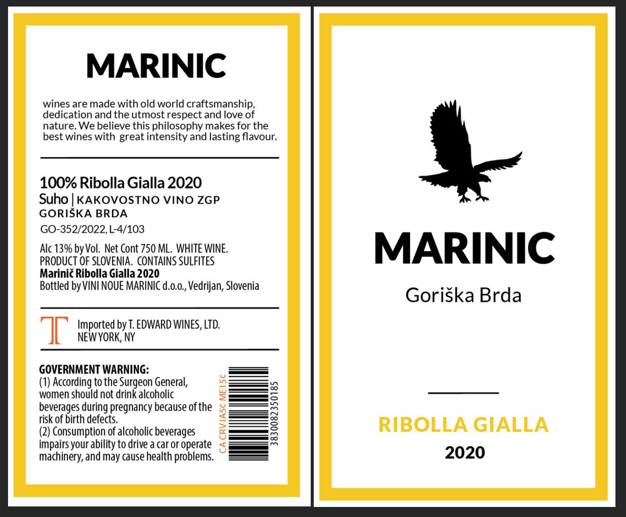 TABC label artwork for MARINIC RIBOLLA GIALLA