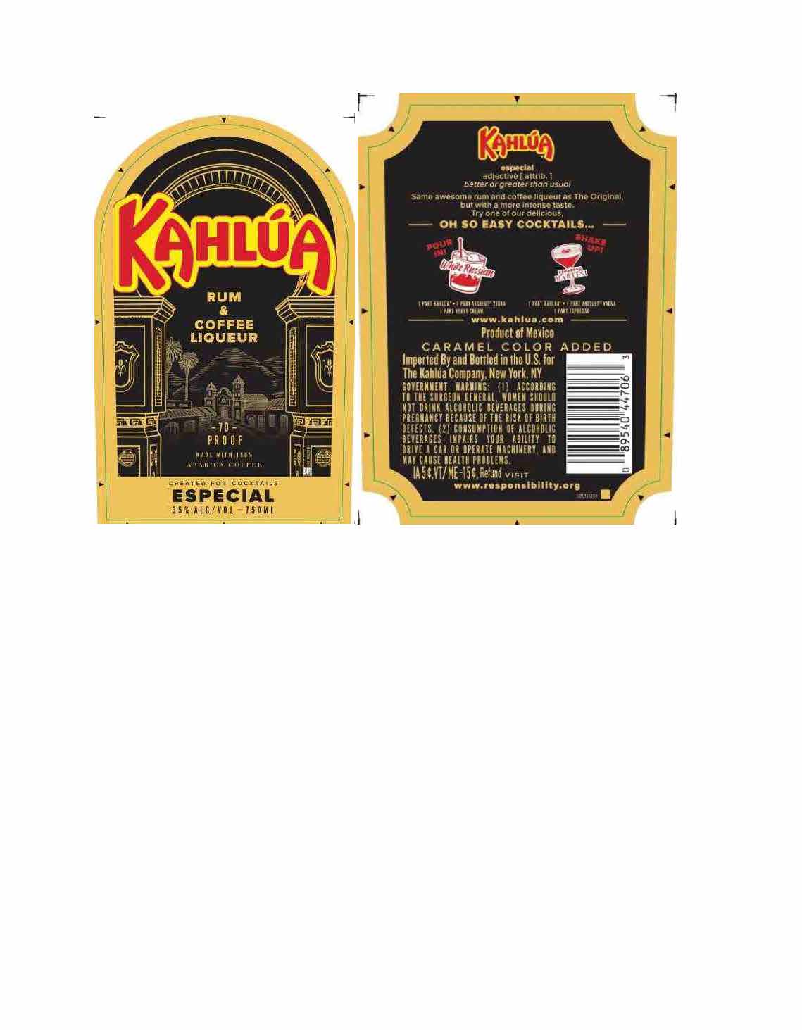 TABC label artwork for Kahlua Especial
