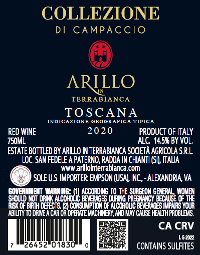 TABC label artwork for ARILLO IN TERRABIANCA COLLEZIONE DI CAMPACCIO RED