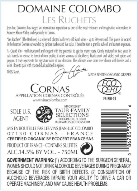 TABC label artwork for Domaine Colombo Les Ruchets Syrah Cornas
