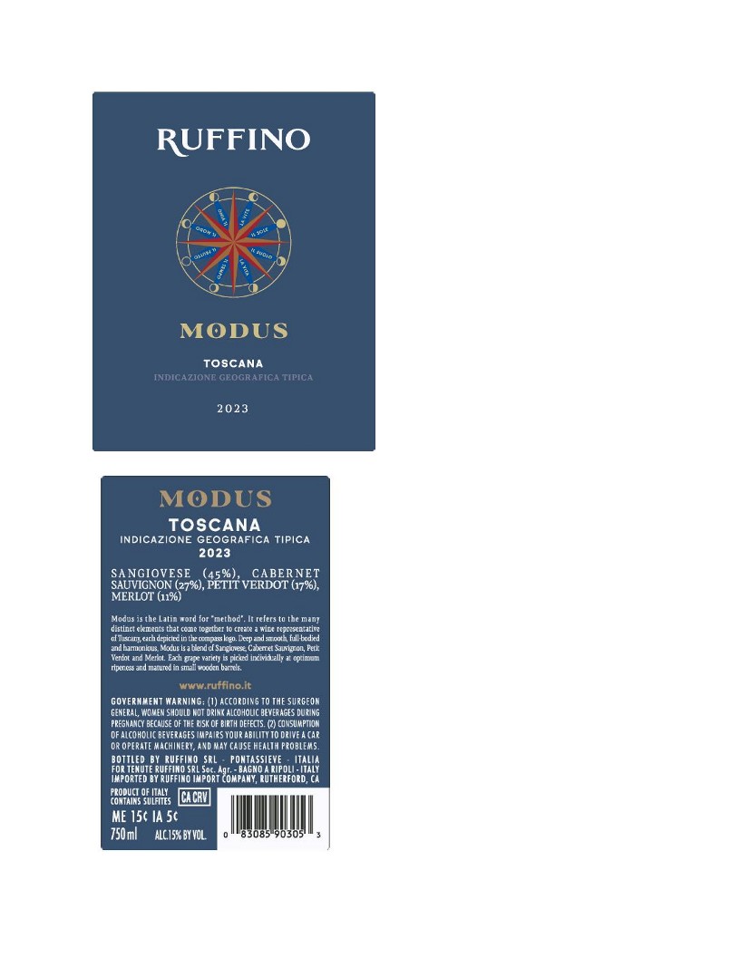 TABC label artwork for Ruffino Modus Sangiovese, Cabernet Sauvignon, Petit Verdot, Merlot Toscana IGT
