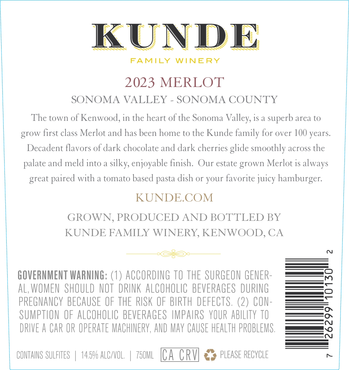 TABC label artwork for Kunde Sonoma Valley Merlot