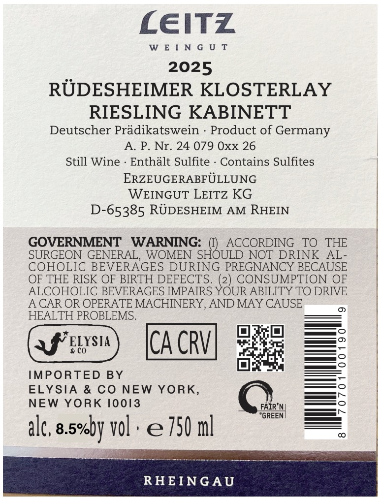 TABC label artwork for Weingut Leitz, Riesling Kabinett Klosterlay