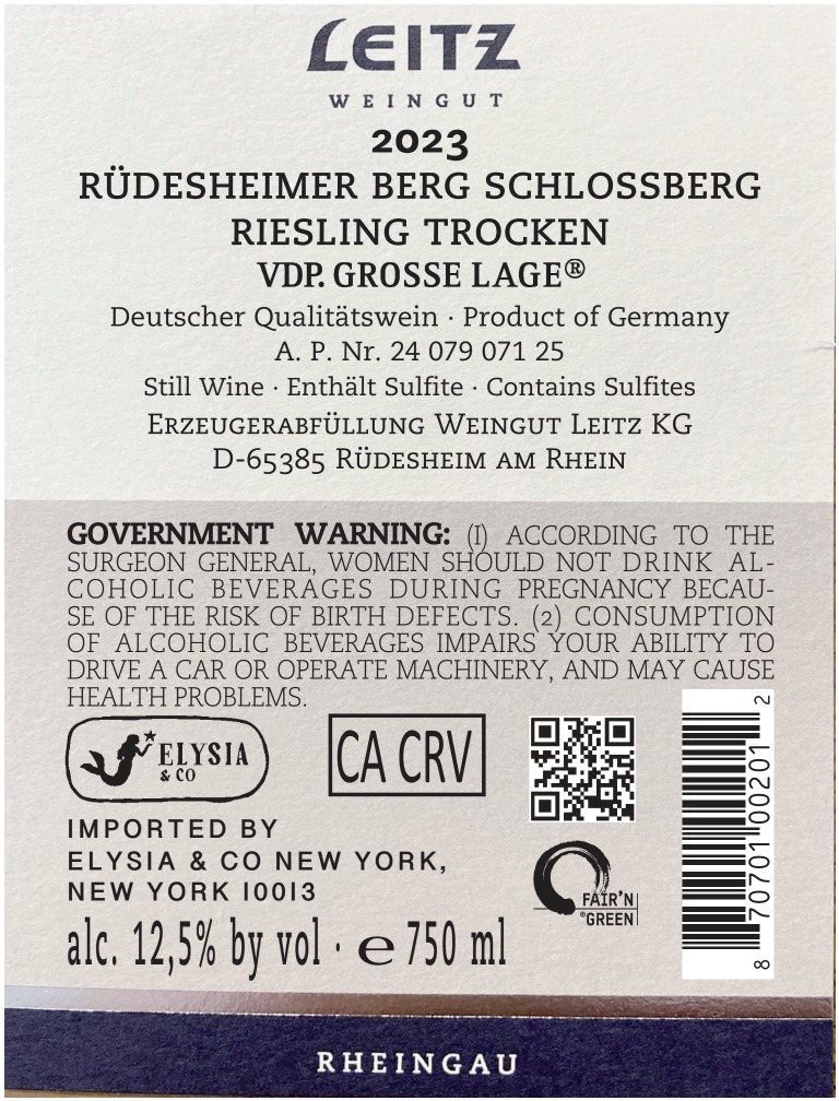 TABC label artwork for Weingut Leitz, Berg Schlossberg Ehrenfels Riesling GG