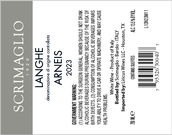 TABC label artwork for SCRIMIGLIO LANGHE ARNEIS