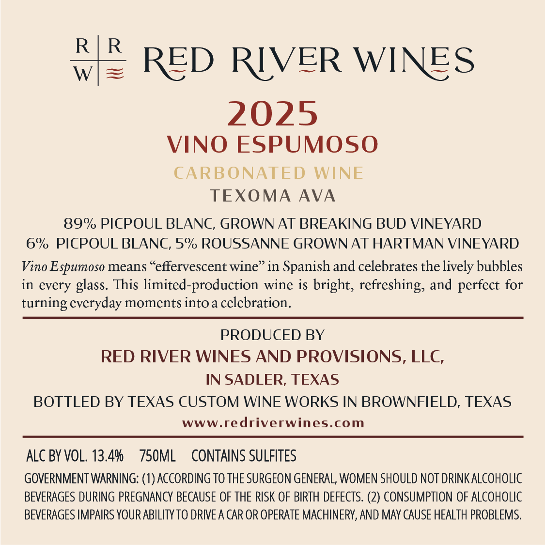 TABC label artwork for Red River Wines - Vino Espumoso