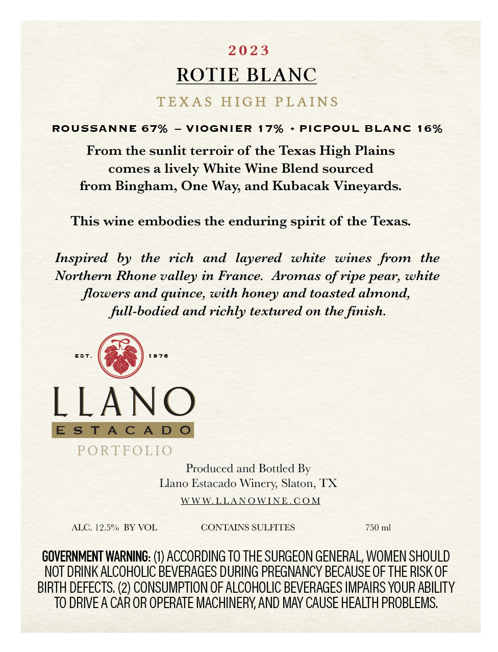 TABC label artwork for LLANO ESTACADO SUMMER MOON ROTIE BLANC
