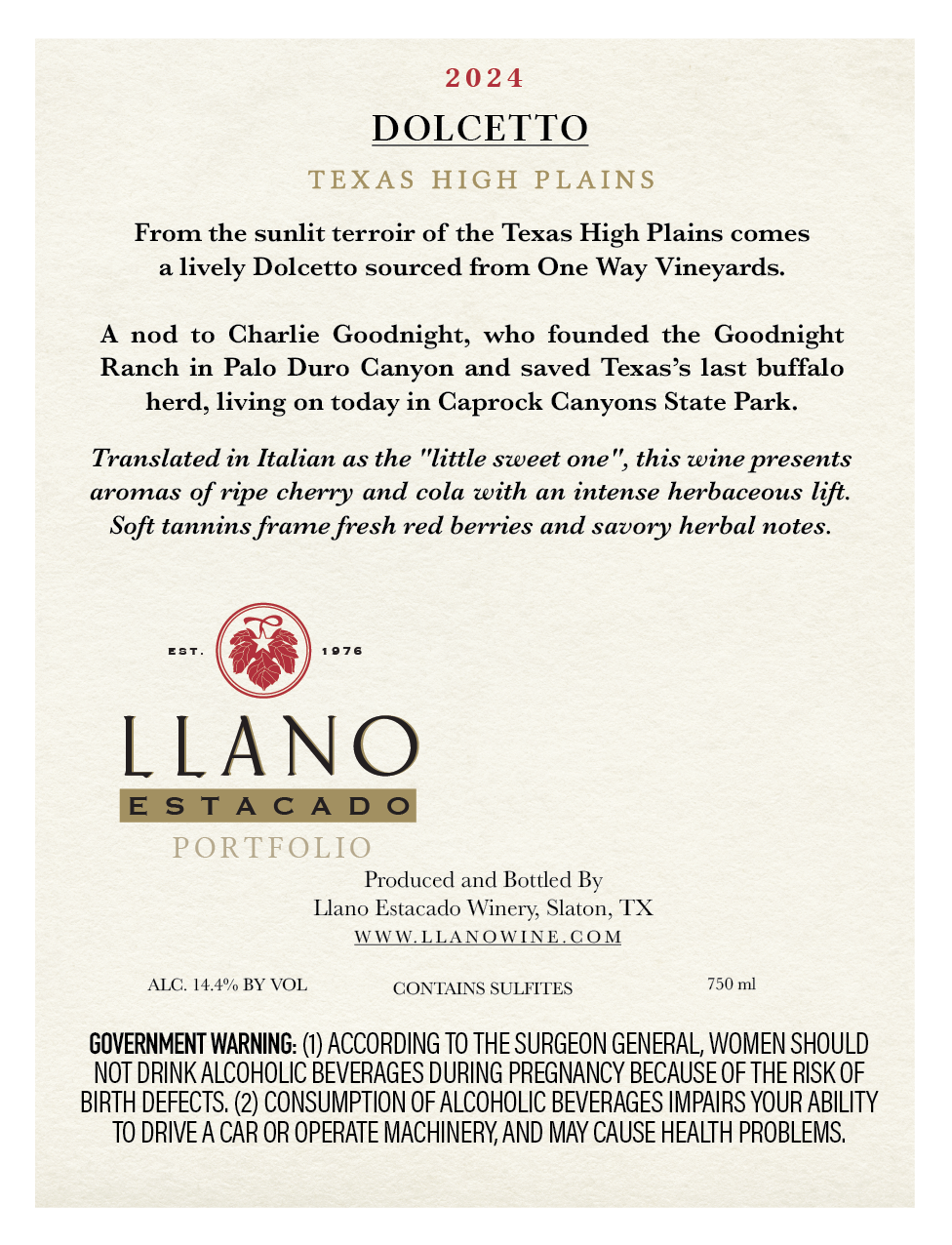 TABC label artwork for LLANO ESTACADO GOODNIGHT DOLCETTO