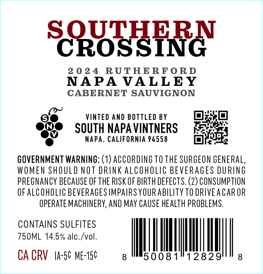 TABC label artwork for Southern Crossing Cabernet Sauvignon, Rutherford