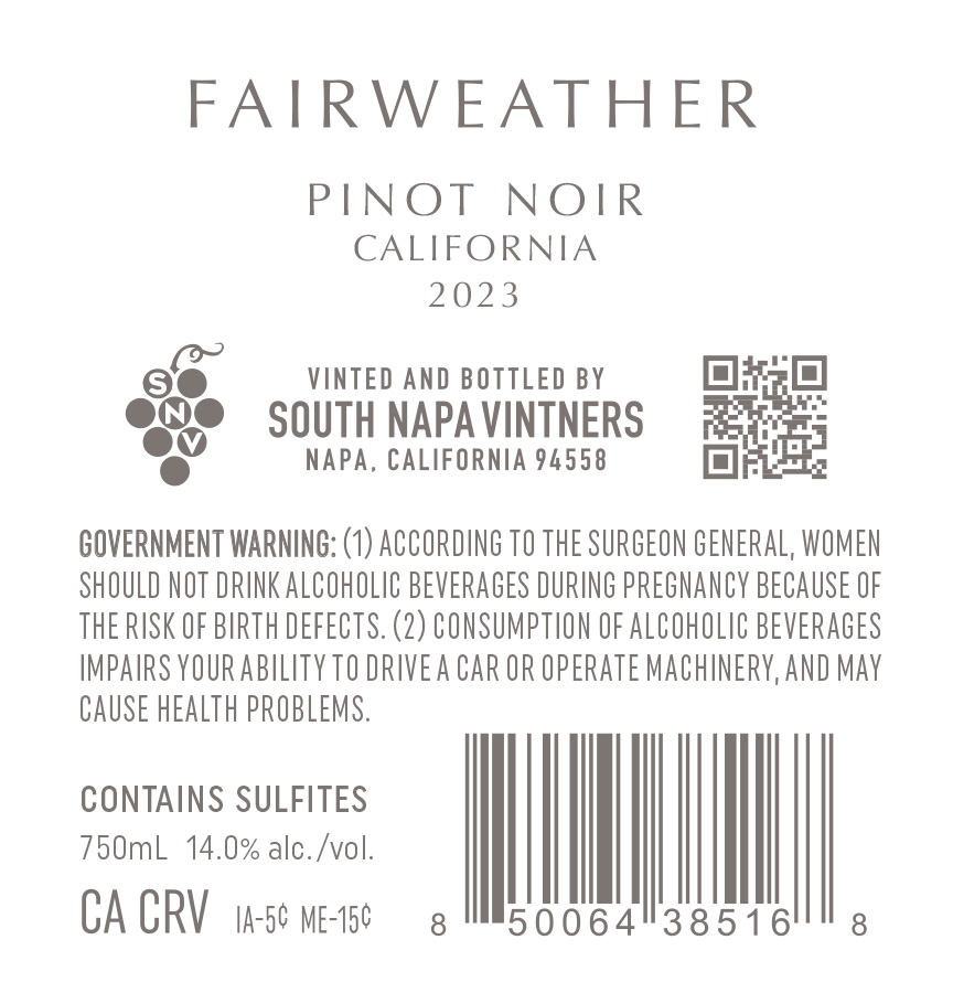 TABC label artwork for Fairweather Pinot Noir California