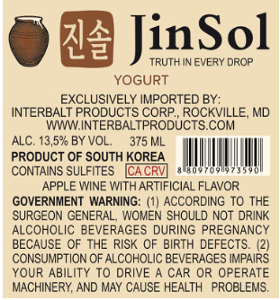 TABC label artwork for JinSol Korean Soju, YOGURT