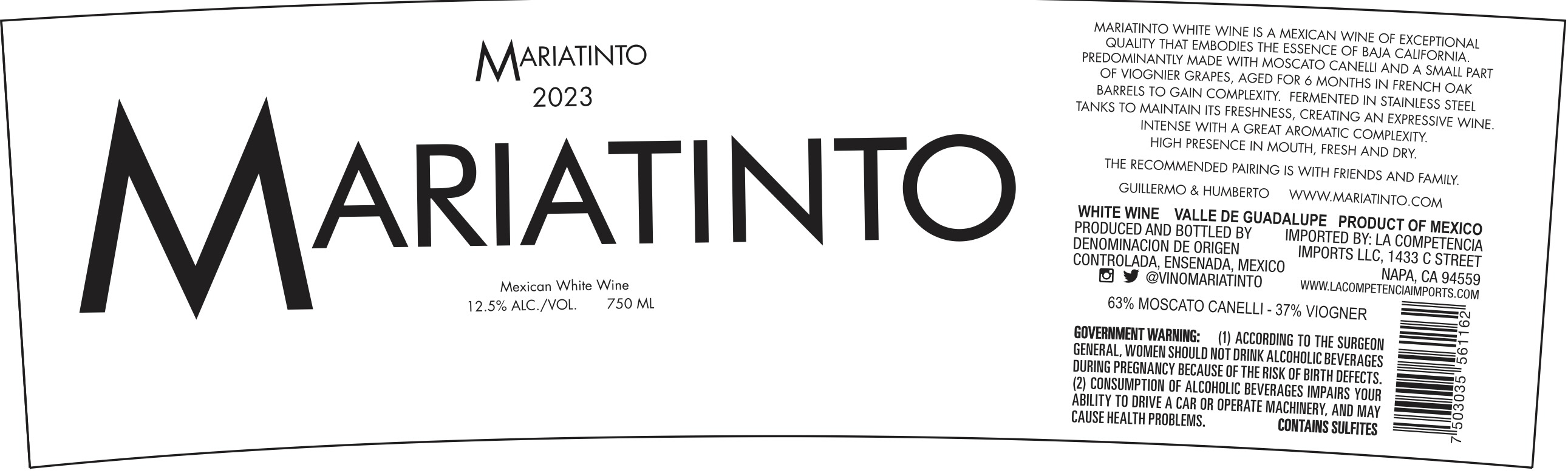 TABC label artwork for Mariatinto White Wine