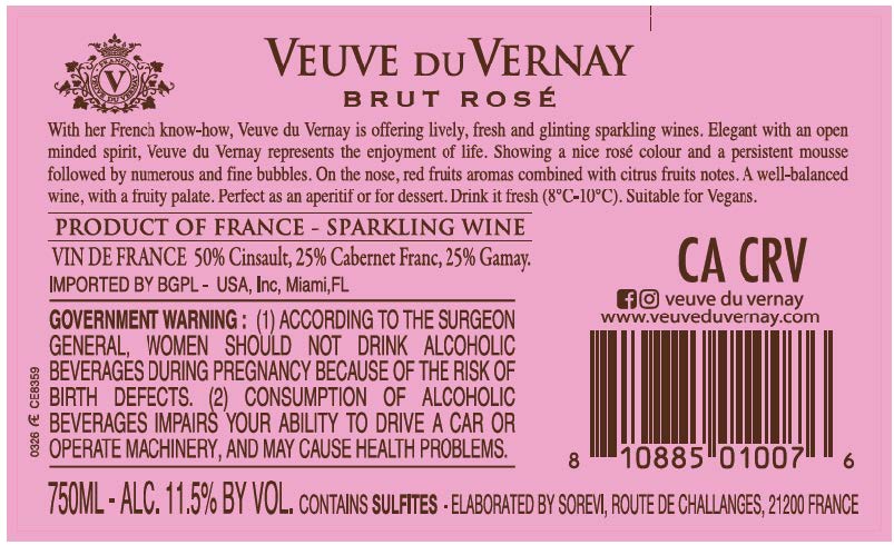 TABC label artwork for VEUVE DU VERNAY BRUT ROSE