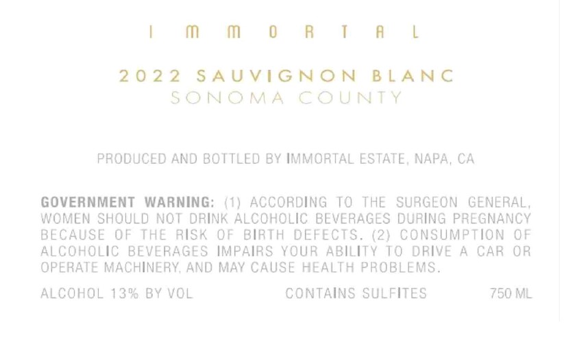 TABC label artwork for Immortal Sauvignon Blanc