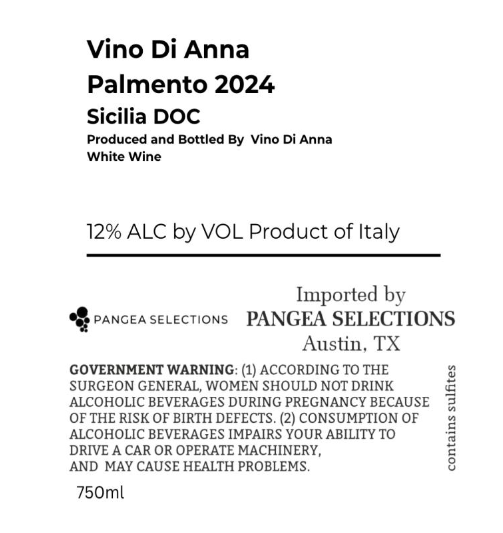 TABC label artwork for PALMENTO BIANCO - VINO DI ANNA