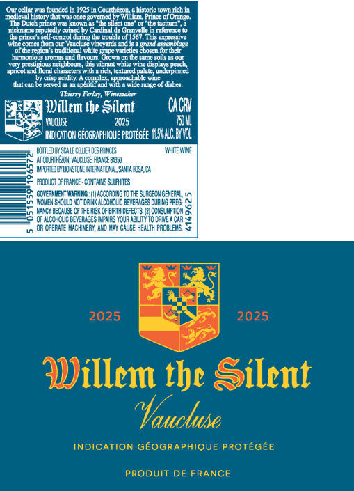 TABC label artwork for Willem the Silent Vaucluse White Wine, France