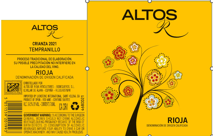 TABC label artwork for Altos R Crianza Rioja Tempranillo Red Wine, Spain