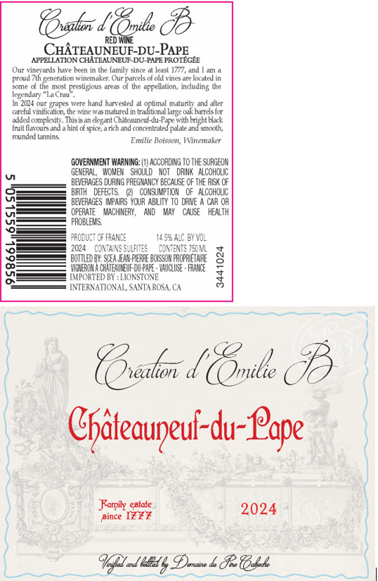 TABC label artwork for Creation d'Emilie B Chateauneuf du Pape Red Wine, France