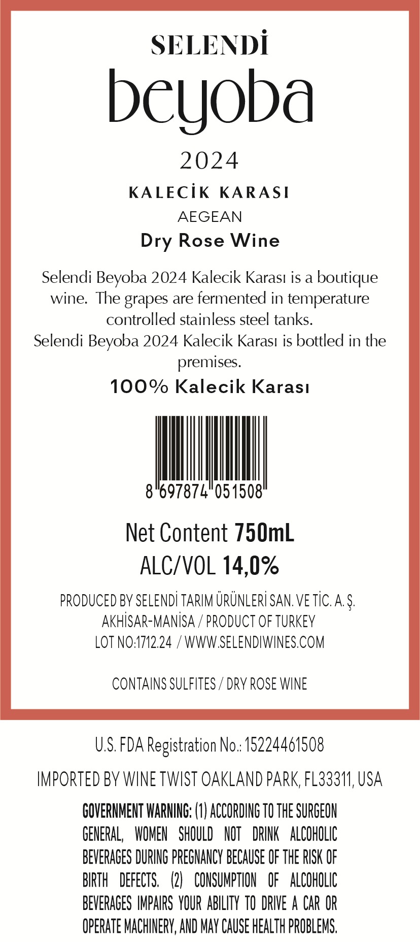 TABC label artwork for Selendi Beyoba Kalecik Karasi Akhisar 2024 Dry Rose Wine
