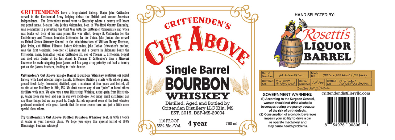 TABC label artwork for CUT ABOVE CRITTENDEN DISTILLERY BOURBON SINGLE BARREL