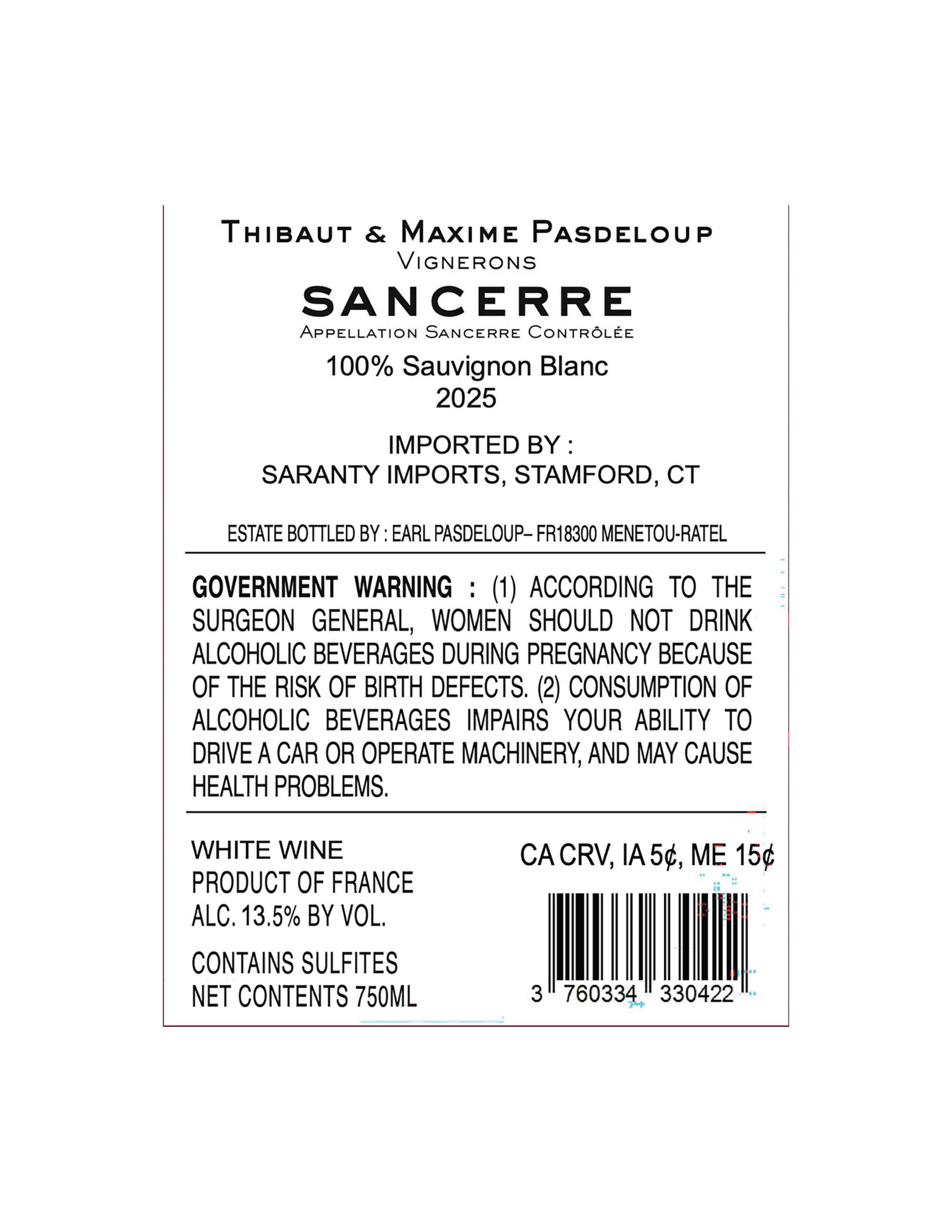 TABC label artwork for Domaine Pasdeloup Sancerre Blanc