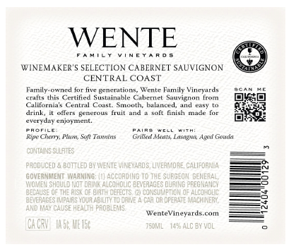 TABC label artwork for WENTE FAMILY VINEYARDS WINEMAKERS SELECTION CABERNET SAUVIGNON