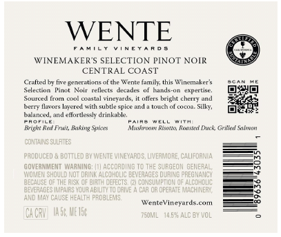 TABC label artwork for WENTE FAMILY VINEYARDS WINEMAKERS SELECTION PINOT NOIR