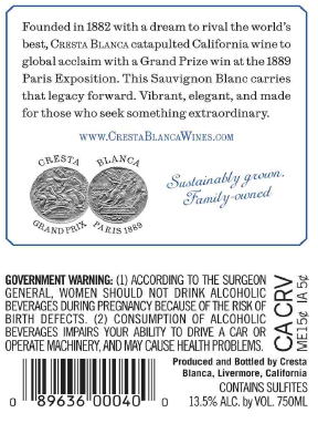 TABC label artwork for CRESTA BLANCA SUAVIGNON BLANC