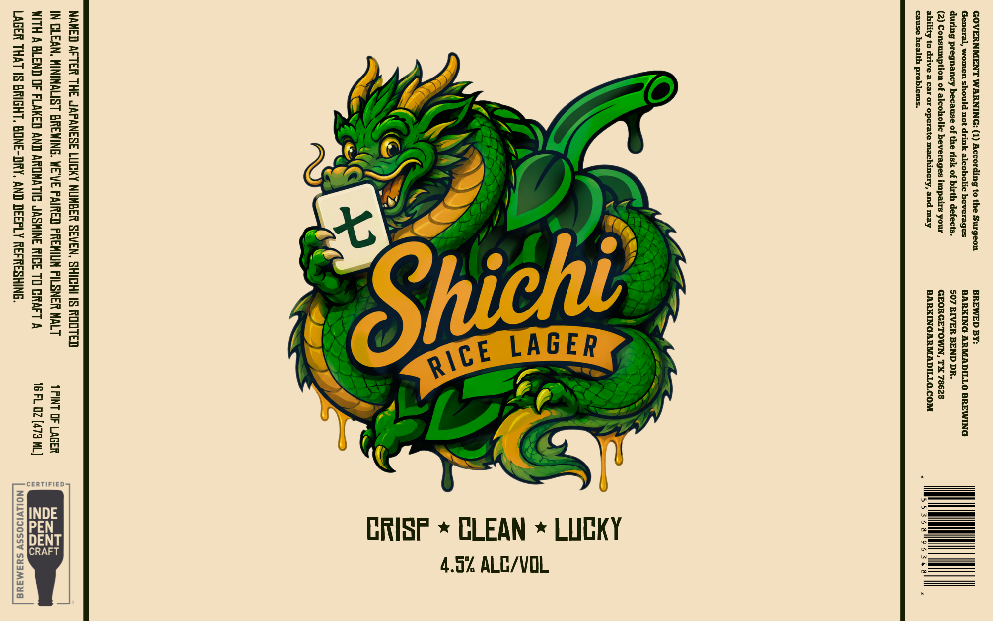 TABC label artwork for BARKING ARMADILLO BREWING SHICHI RICE LAGER