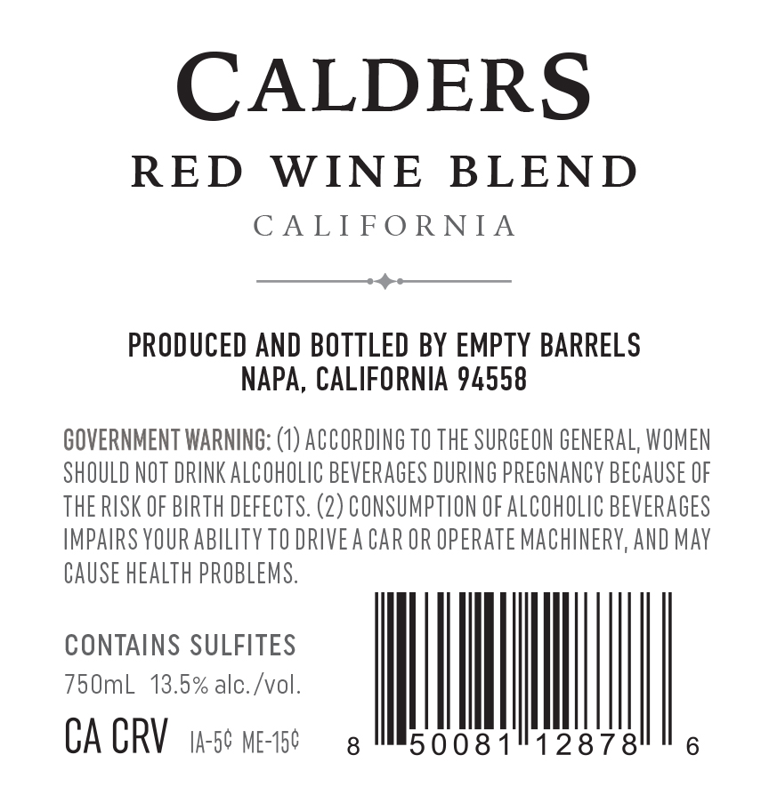 TABC label artwork for Calders Red Wine Blend California