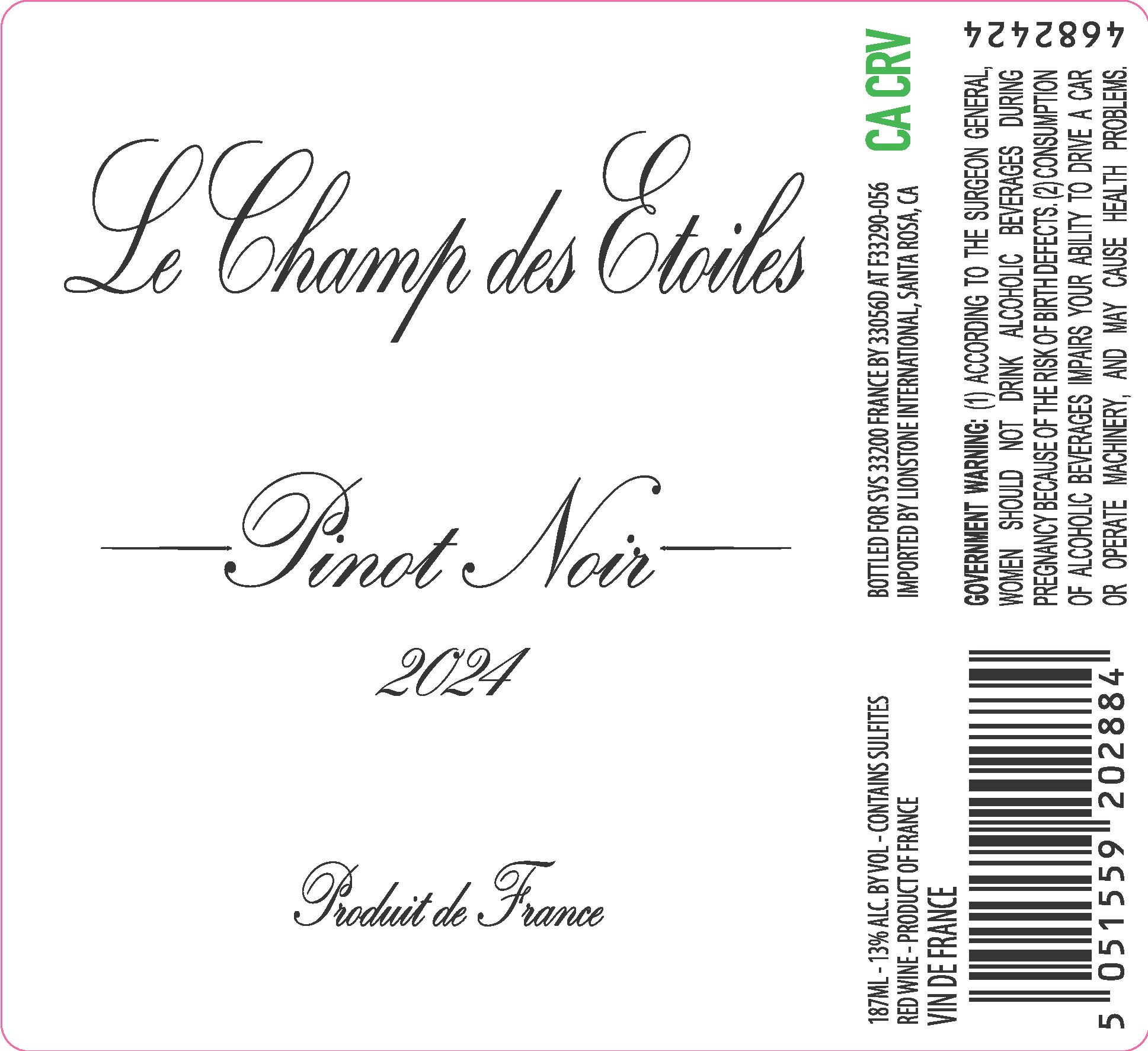 TABC label artwork for Le Champ des Etoiles Pinot Noir, Vin de France