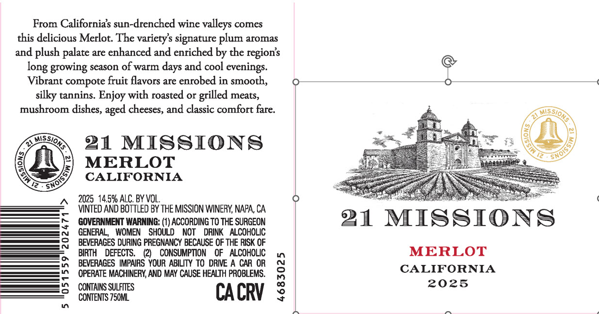 TABC label artwork for 21 Missions California Merlot
