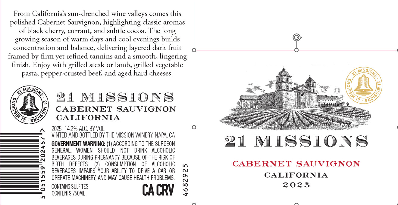 TABC label artwork for 21 Missions California Cabernet Sauvignon