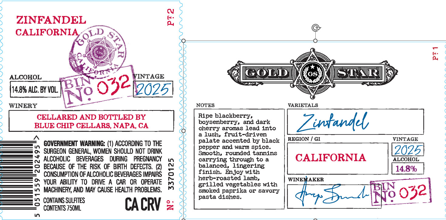 TABC label artwork for Gold Star Bin no. 032 California Zinfandel