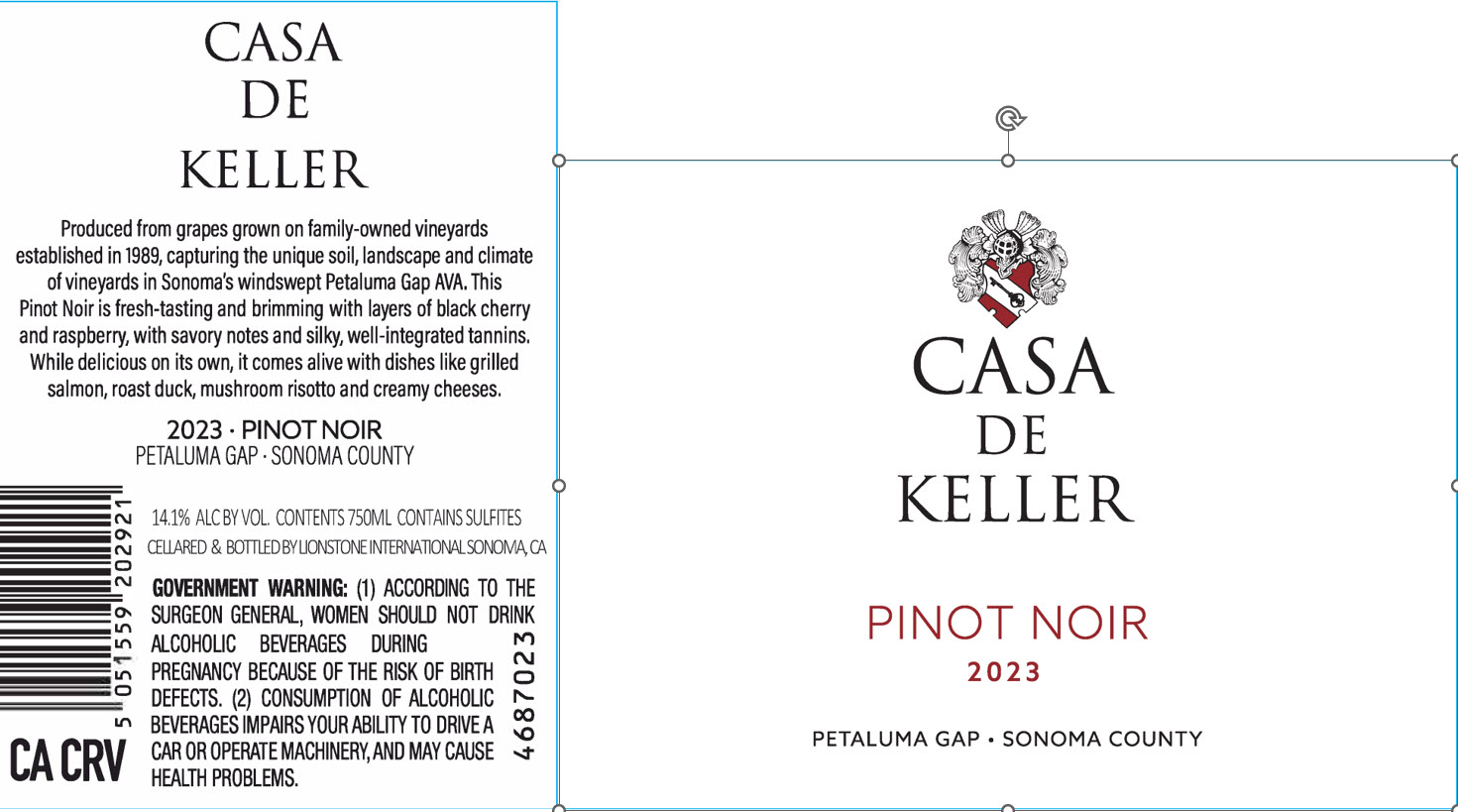 TABC label artwork for Casa de Keller Petaluma Gap Sonoma County Pinot Noir, CA