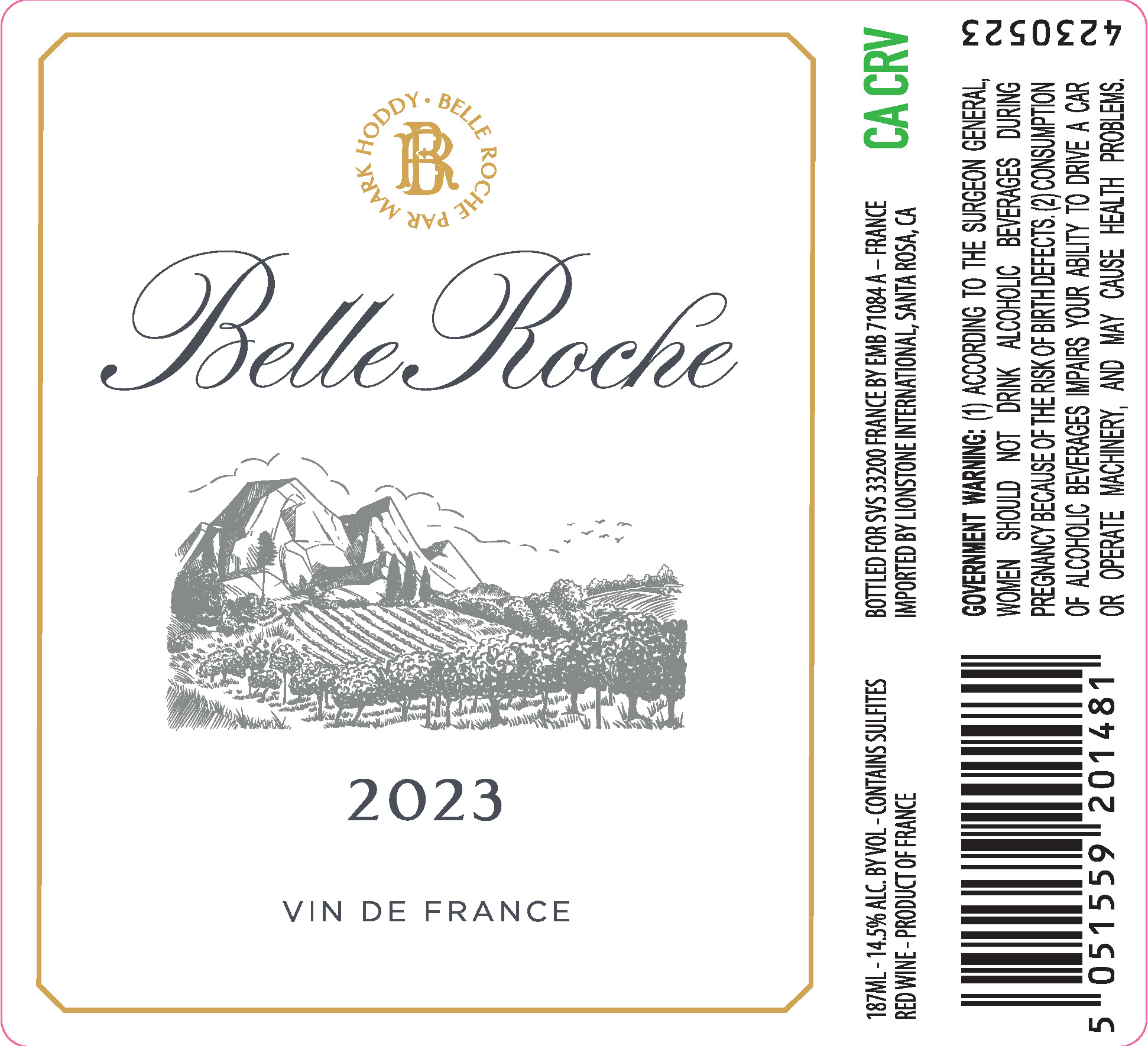 TABC label artwork for Belle Roche Red Wine, Vin de France