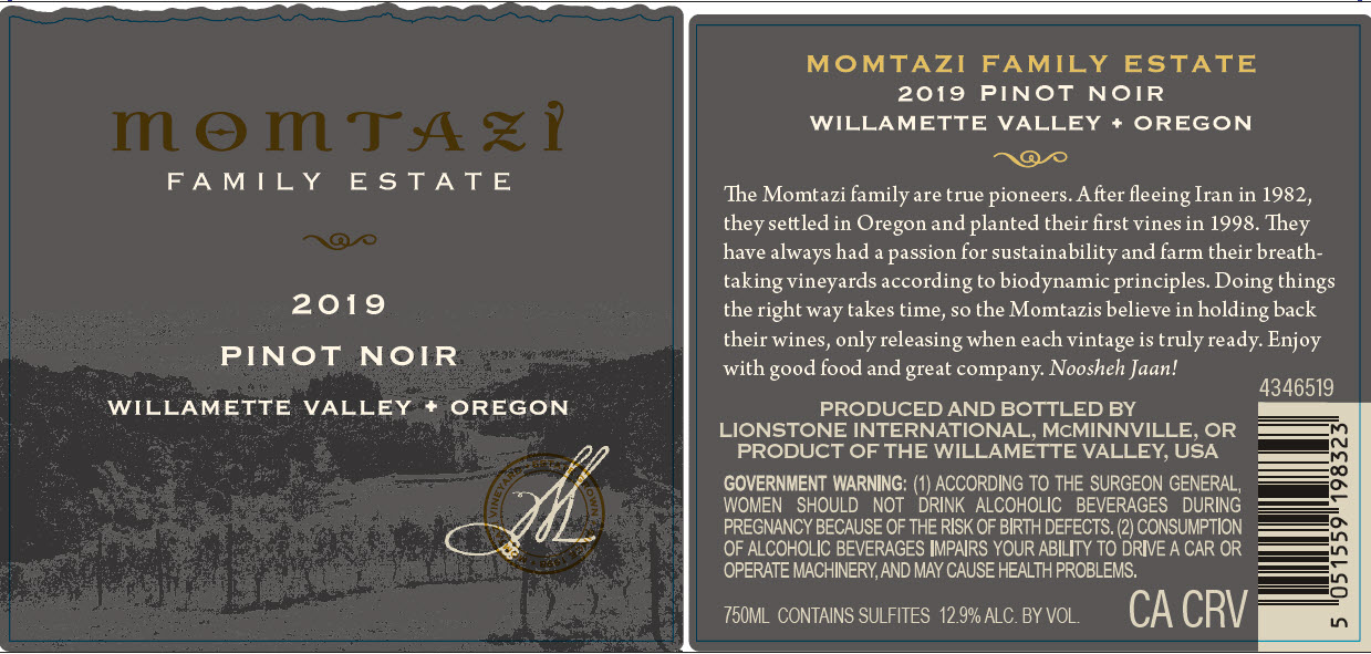 TABC label artwork for Momtazi Family Estate Pinot Noir, Willamette Valley, Oregon