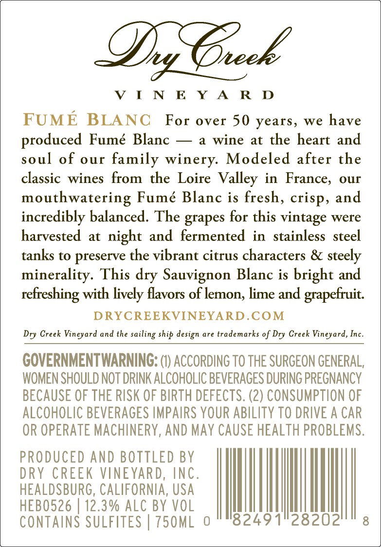 TABC label artwork for DRY CREEK VINEYARD FUME BLANC ORIGINS SAUVIGNON BLANC FUME BLANC