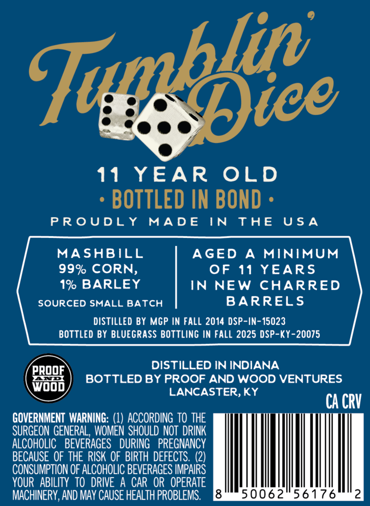 TABC label artwork for Tumblin' Dice (Bottled in Bond 11 Yr)