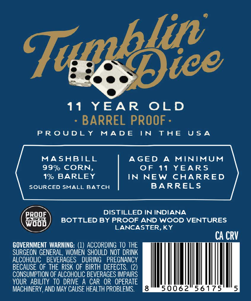 TABC label artwork for Tumblin' Dice (Barrel Proof 11 Yr)
