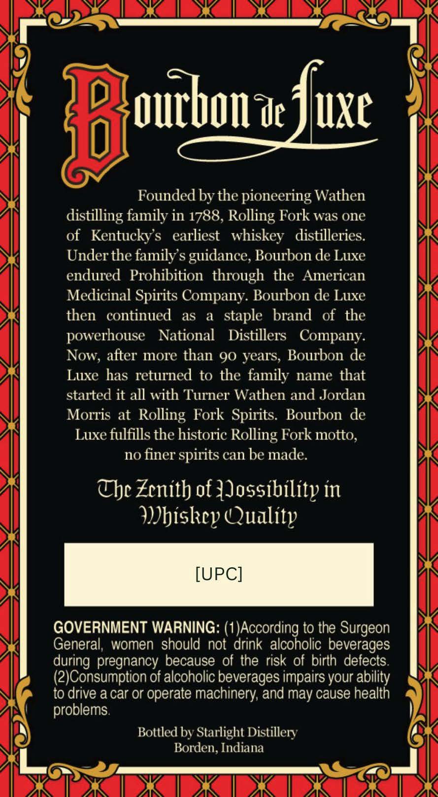 TABC label artwork for Bourbon de Luxe Single Barrel