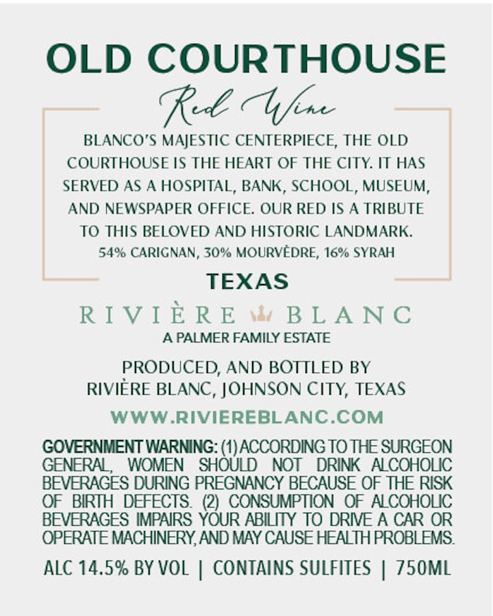 TABC label artwork for Riviere blanc Old Court house red