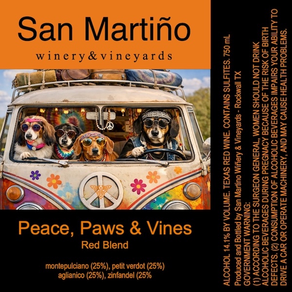 TABC label artwork for San Martino Winery & Vineyards Peace, Paws & Vines Red Blend