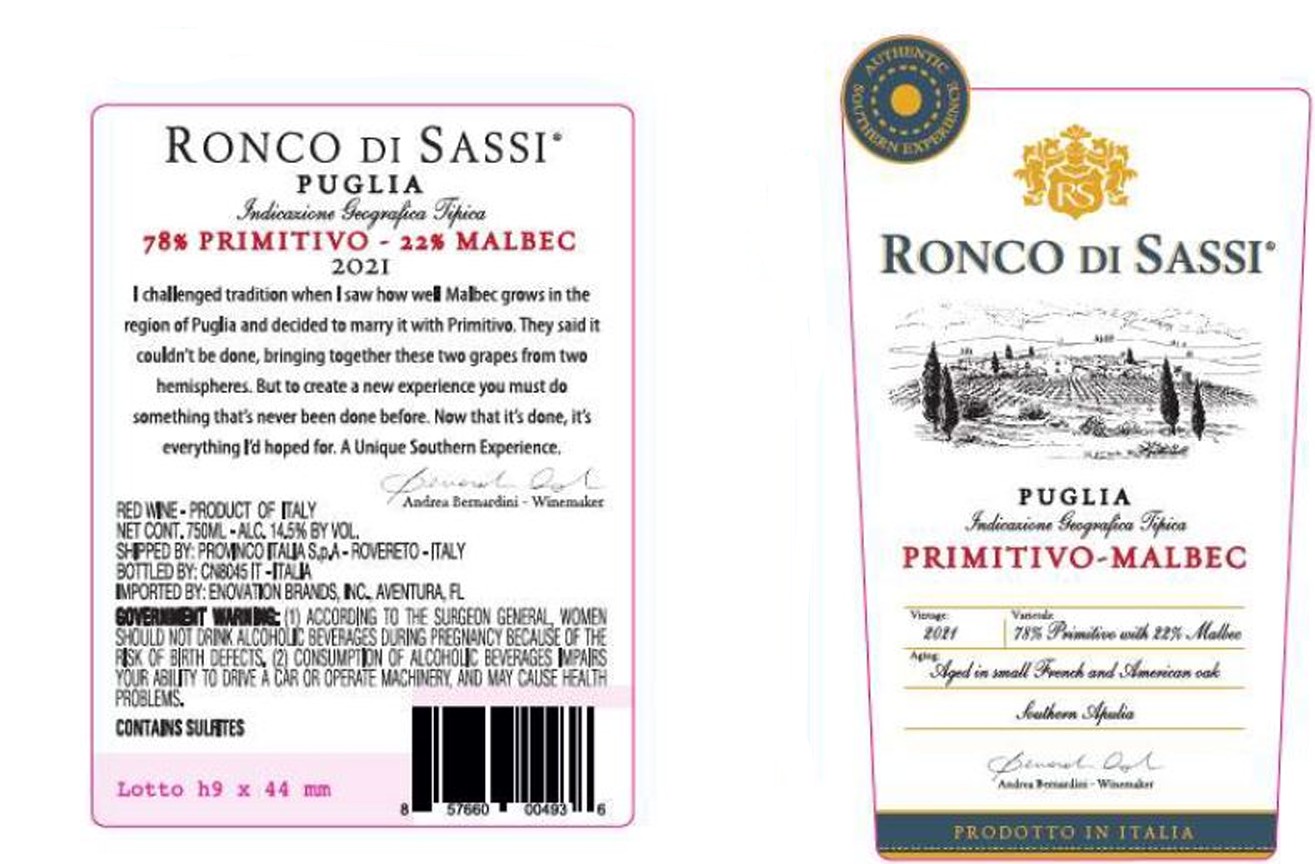 TABC label artwork for RONCO DI SASSI PRIMITIVO MALBEC PUGLIA IGT PUGLIA