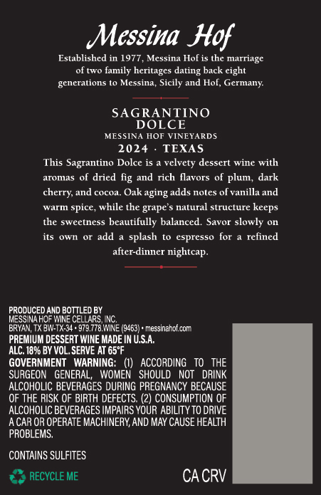 TABC label artwork for Sagrantino Dolce