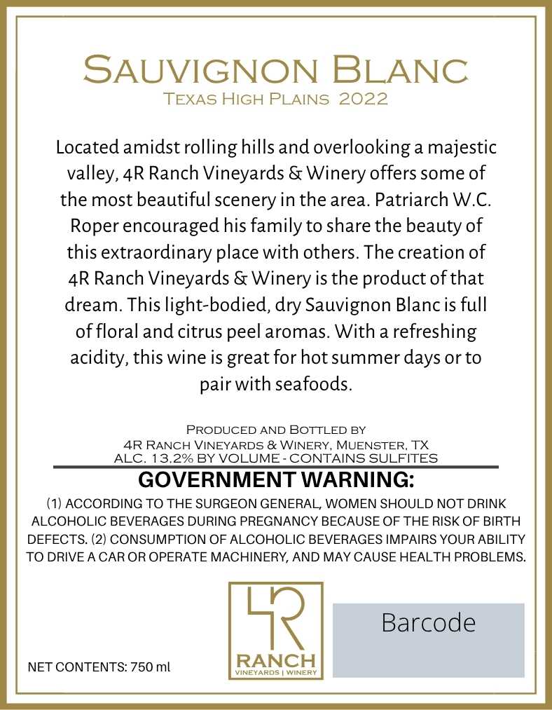 TABC label artwork for 4R RANCH VINEYARDS & WINERY SAUVIGNON BLANC