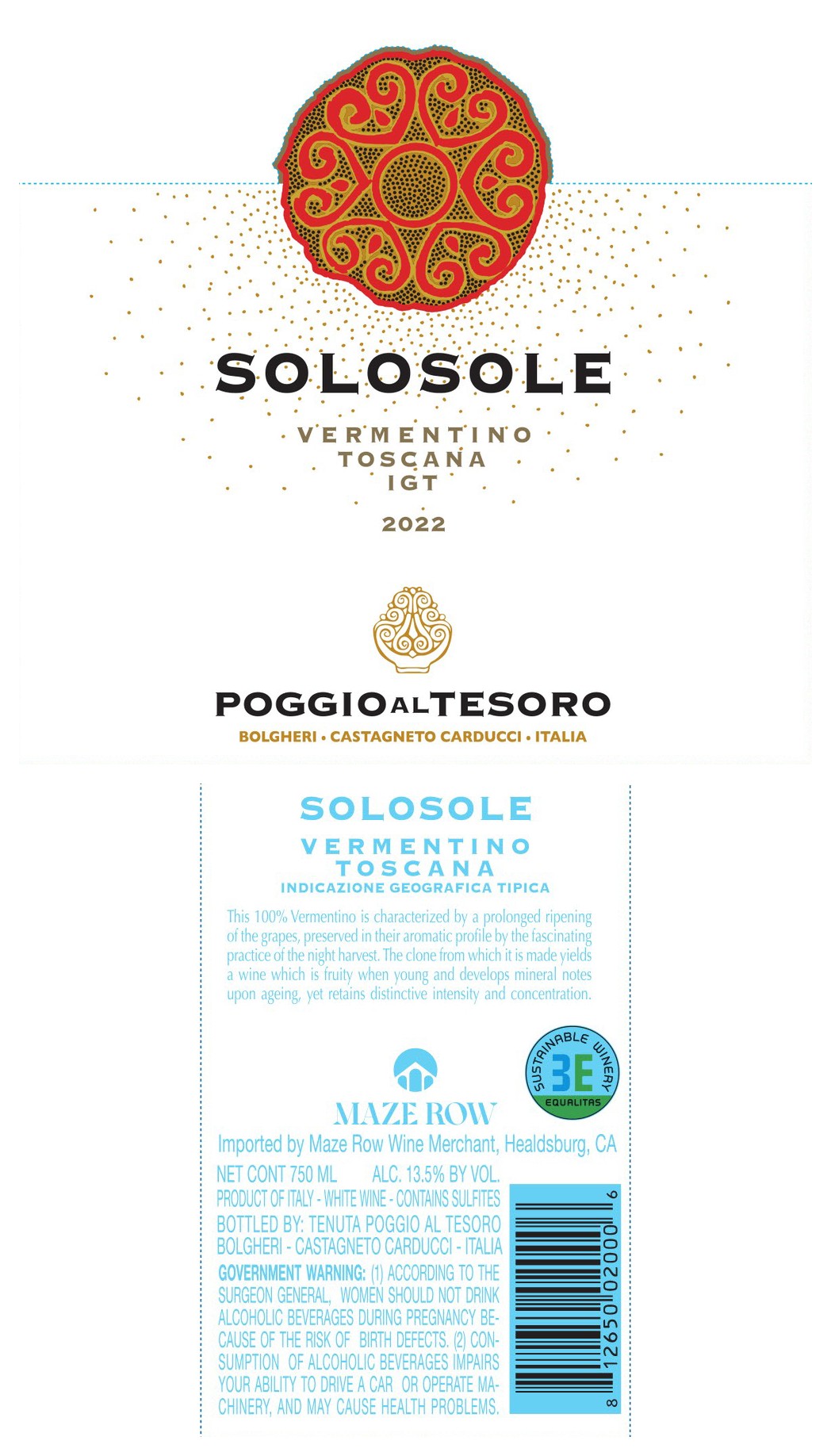 TABC label artwork for Poggio al Tesoro Solosole Vermentino 2023 750ml 12pk